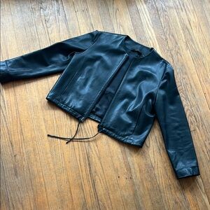 MARKS AND SPENCER collarless black leather jacket zipper & excellent condition